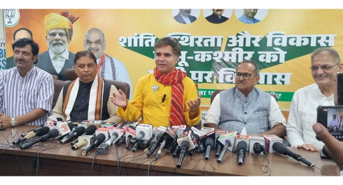 BJP J&K UT president Ravinder Raina at a press conference in Jammu on Thursday. -Excelsior/Rakesh