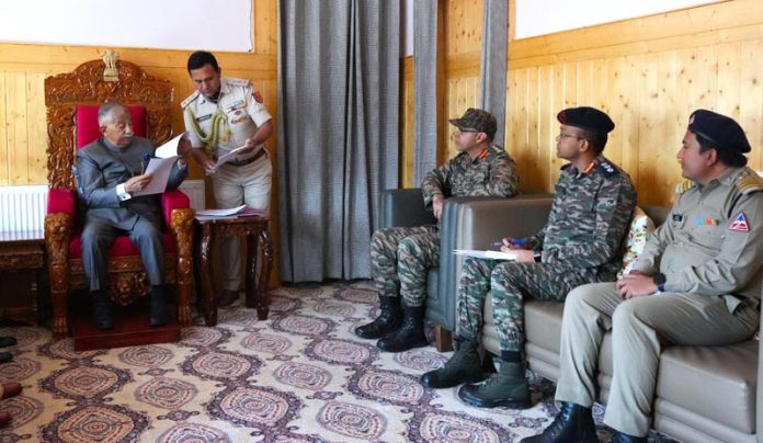 Officials of Projects Vijayak and Himank meeting LG Ladakh in Leh on Friday.