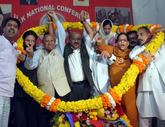 Deputy CM Surinder Choudhary getting rousing reception by NC leaders at Sher-e-Kashmir Bhawan, Jammu. -Excelsior/Rakesh