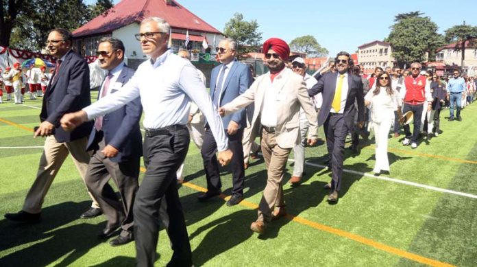 Omar Abdullah participating in march past during 177th Founders’ Day of Lawrence School Sonawar in Srinagar.