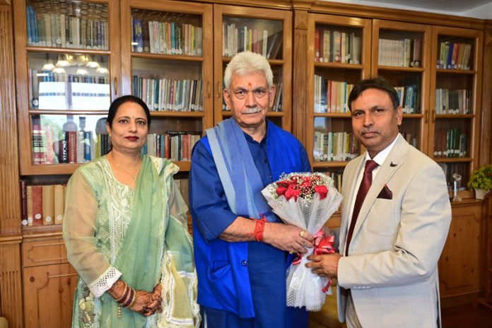 MLA Kathua Dr Bharat Bhushan calling on LG Manoj Sinha at Raj Bhawan Srinagar.