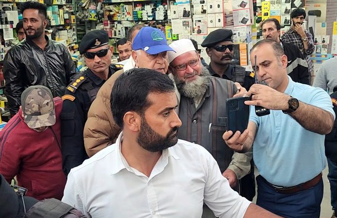 National Conference President Dr Farooq Abdullah during visit to Lal Chowk, Srinagar. -Excelsior/Shakeel