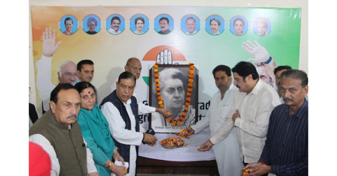 Senior Cong leaders paying tribute to Indira Gandhi during a function in Jammu. - Excelsior/Rakesh