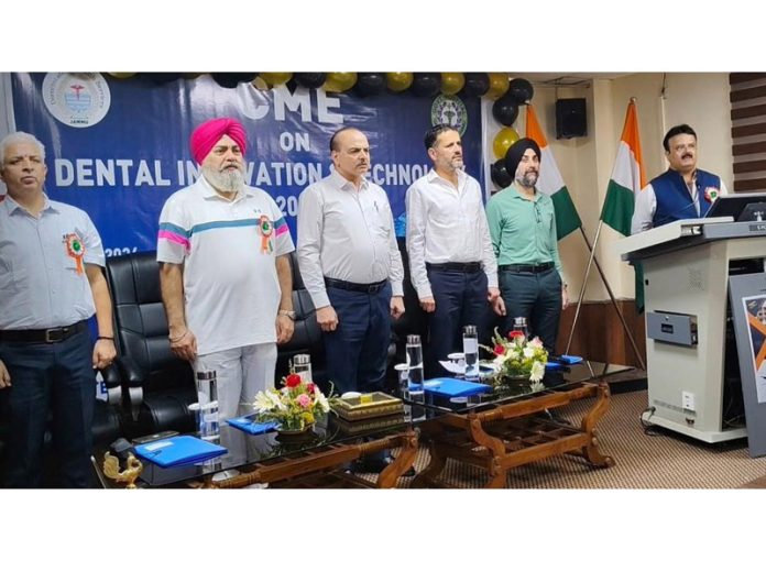 DHS Jammu Dr Rakesh Mangotra, CMO Jammu Dr Harbaksh Singh and other dignitaries during an event at Government Hospital, Gandhinagar, Jammu.