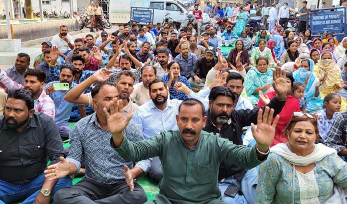 Civic Safai Karamcharis raising slogans during a protest demonstration in Jammu on Friday. -Excelsior/Rakesh