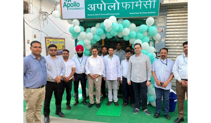 Vikram Dogra, GM North Apollo Pharmacy posing along with others on the inauguration of its new store in Sunderbani on Sunday. -Excelsior/Rakesh