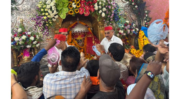 Devotees at Bawewali Mata temple on Thursday. -Excelsior/Rakesh