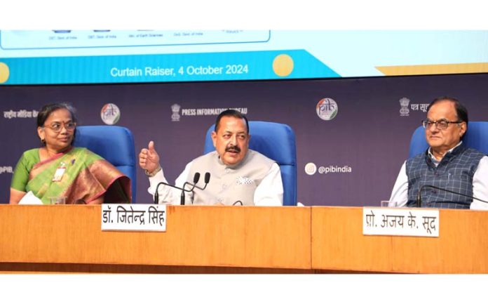 Union Minister Dr Jitendra Singh addressing a press conference at National Media Centre, New Delhi on Friday. Also seen are Principal Scientific Advisor Prof A.K. Sood and Dir Gen CSIR Dr N. Kalaisevi.