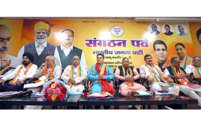 J&K BJP president Ravinder Raina and other senior party leaders during a workshop on membership drive of the party in Jammu. -Excelsior/Rakesh