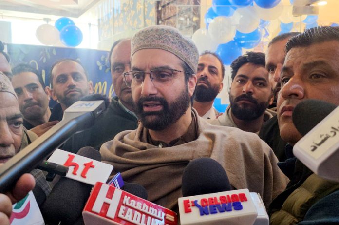 Mirwaiz Umar Farooq speaking to media persons in Srinagar on Monday. -Excelsior/Shakeel