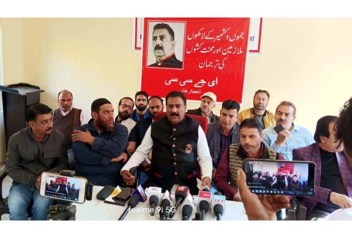 EJCC chairman Aijaz Ahmed Khan addressing press confrence in Srinagar on Wednesday.