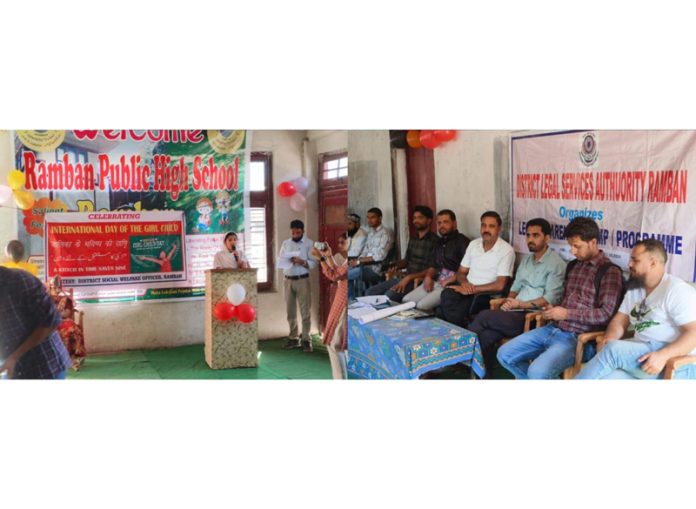 A speaker addressing a programme organised by DLSA Ramban while celebrating International Girl Child Day. — Excelsior/Parvaiz Mir