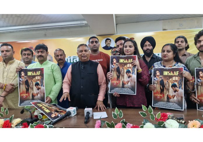 BJP working president J&K, Sat Sharma releasing poster of ‘Insaaf’ movie at Jammu on Monday.