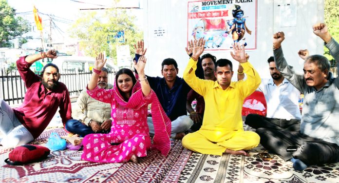 Activists of Movement Kalki during a protest demonstration at Jammu on Thursday.