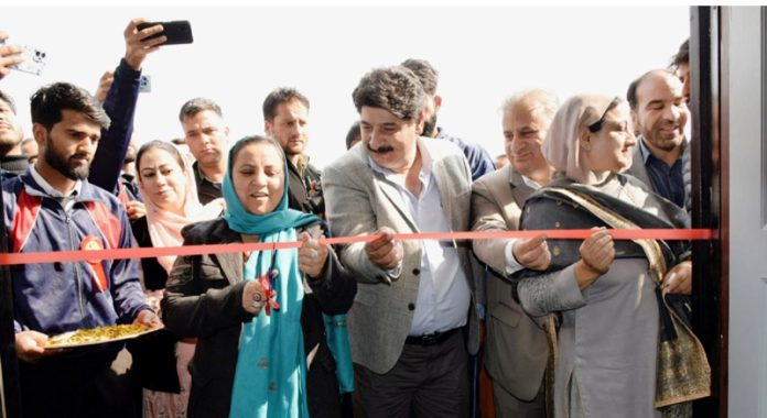 Minister Sakina Masood inaugurating auditorium cum library block at GDC Sumbal on Monday.