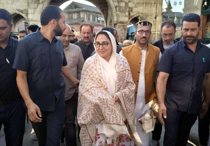 Dr Darakhshan Andrabi at Dastgeer Sahib Shrine in Srinagar on Monday.