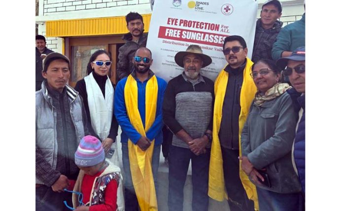 CEC Tashi Gyalson led team distributing eye care supplies to locals in Neyraks on Sunday.