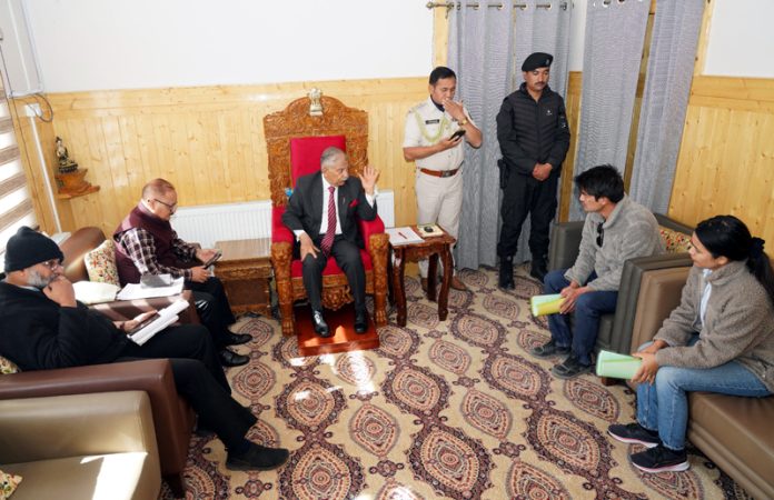 A delegation interacting with LG Ladakh, Brig (Retd) Dr BD Mishra in Leh on Saturday.