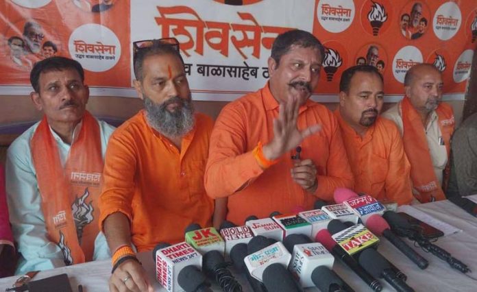 Shiv Sena leaders addressing a press conference at Jammu on Monday.