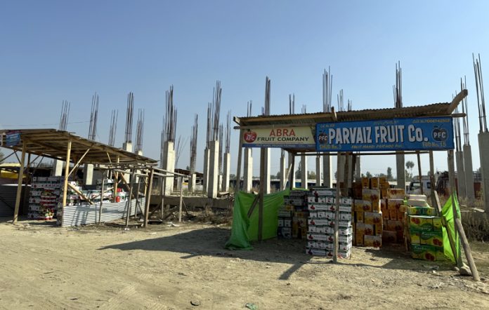 Temporary tin sheds serve as makeshift auction spaces in Pulwama fruit market due to lack of proper infrastructure. - Excelsior/Younis Khaliq