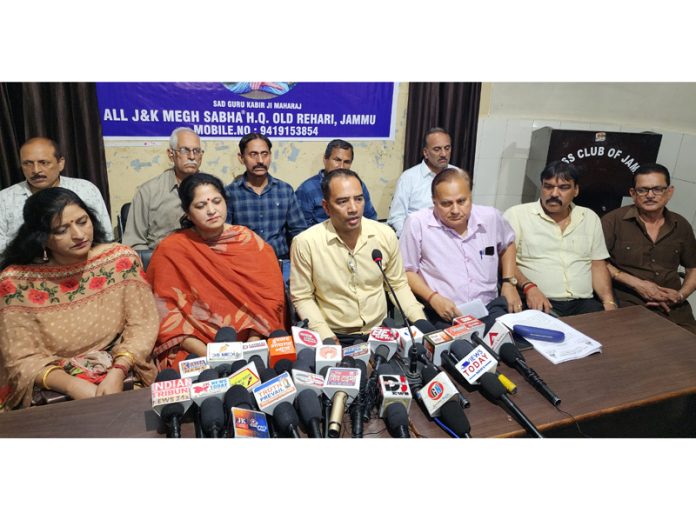 President of All J&K Megh Sabha talking to media persons at Jammu on Tuesday. -Excelsior/Rakesh