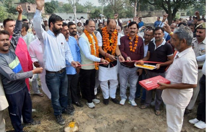 S S Slathia, MLA Samba laying foundation of 10 room double storeyed building at Higher Secondary School, Goran Block Sumb on Monday.