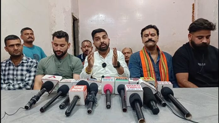 Movement Kalki and Gau Raksha Organisation Board Member addressing a press conference in Jammu on Friday.