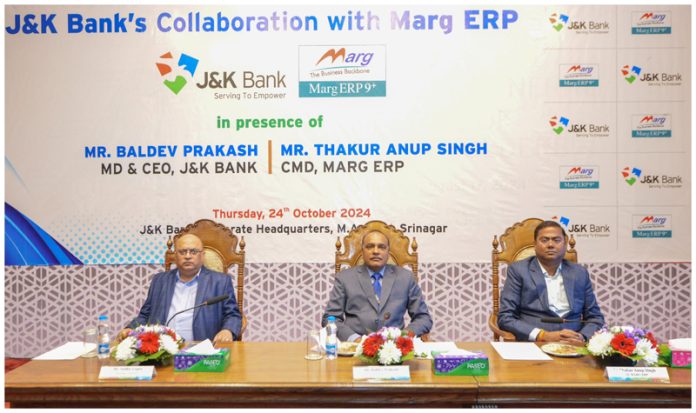 MD & CEO J&K Bank Baldev Prakash, ED Sudhir Gupta and CMD Marg ERP Thakur Anup Singh during launch of Bank's 1st fintech product.