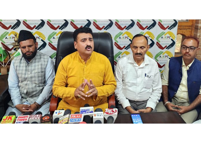 All Jammu & Kashmir Panchayat Conference president, Anil Sharma addressing media-conference in Jammu on Tuesday. -Excelsior/Rakesh