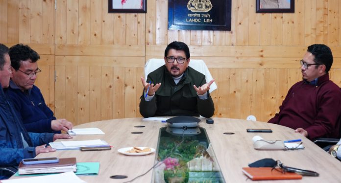 CEC Tashi Gyalson chairing a meeting in Leh on Wednesday.