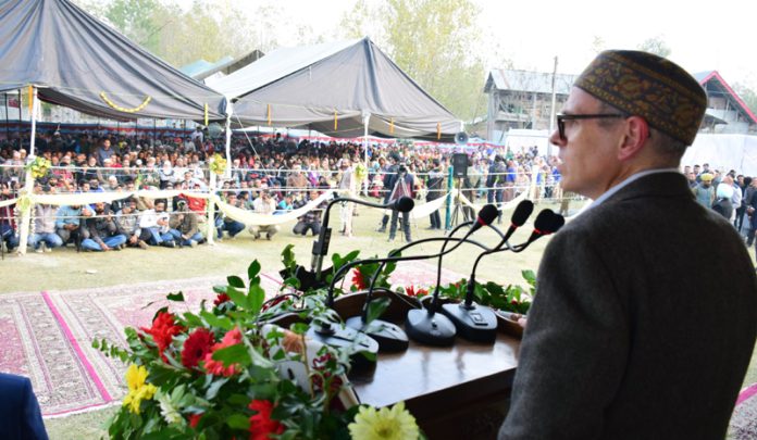 CM Omar Abdullah addressing the gathering at Ganderbal on Thursday.