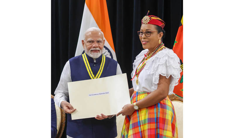 Prime Minister Narendra Modi receives Commonwealth of Dominica’s highest National Award – 'Dominica Award of Honour' in Georgetown, Guyana.(UNI)