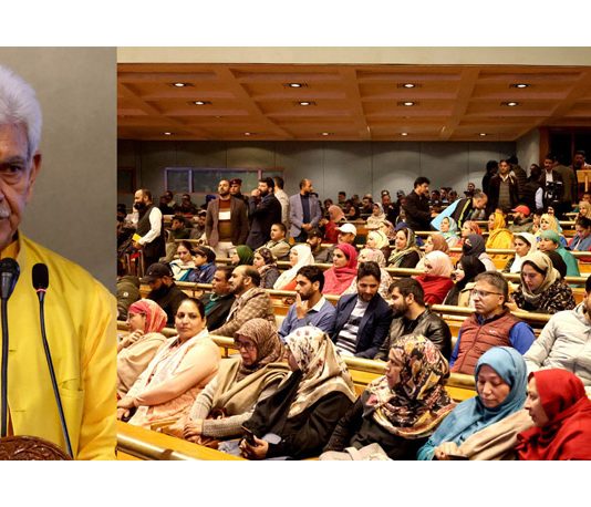 LG Manoj Sinha speaking during UT Foundation Day celebrations at SKICC Srinagar. -Excelsior/Shakeel