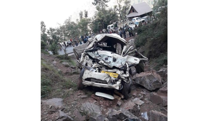 Wreckage of vehicle after accident at Mahore on Thursday. -Excelsior/Romesh Mengi