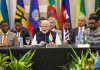 Prime Minister Narendra Modi speaks at the Second CARICOM-India Summit at Georgetown, Guyana on Thursday. Another pic on page 11. (UNI)