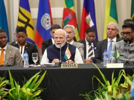 Prime Minister Narendra Modi speaks at the Second CARICOM-India Summit at Georgetown, Guyana on Thursday. Another pic on page 11. (UNI)