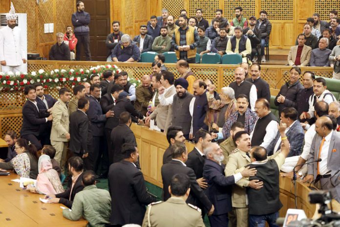 BJP MLAs protesting in the Assembly on Thursday. -Excelsior/Shakeel