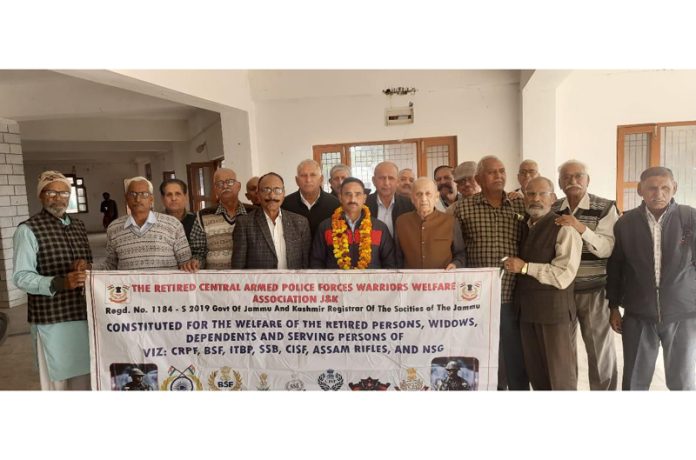 Ex-servicemen during their monthly meeting in Akhnoor on Monday.