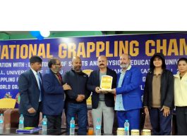 MLA Yudhvir Sethi along with others at the closing ceremony of Junior National Grappling Championship in Jammu on Tuesday.