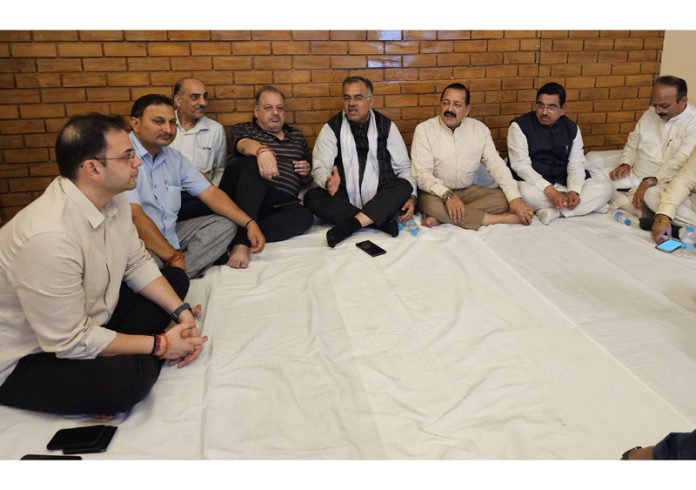 Union Minister, Pralhad Joshi and BJP National General Secretary, Tarun Chugh during their visit to residence of former MLA Late Devender Singh Rana to offer condolences to bereaved family on Sunday.