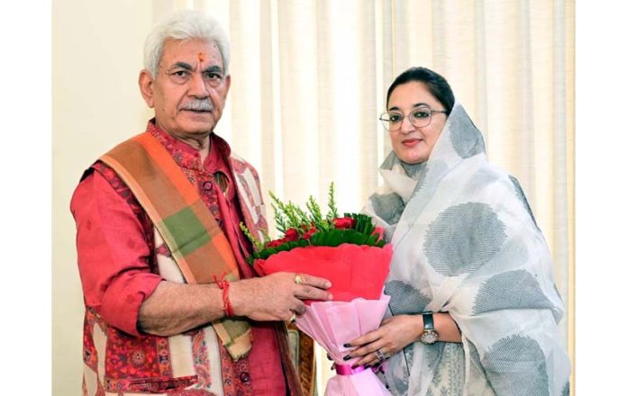 Lt Governor Manoj Sinha during meeting with Jagmeet Kour Bali president, All Sikh Minority Employees Association.