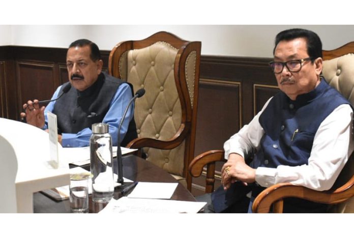 Union Minister Dr Jitendra Singh, flanked by Deputy Chief Minister Chowna Mein, convening a high level meeting of administration at Namsai, Arunachal Pradesh on Sunday.