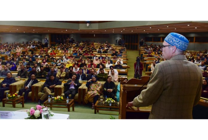 CM Omar Abdullah addressing an event at SKICC.