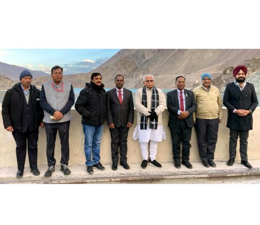 Union Minister Manohar Lal Khattar and NHPC dignitaries during their visit to Nimoo Bazgo Power Station in Leh on Saturday.