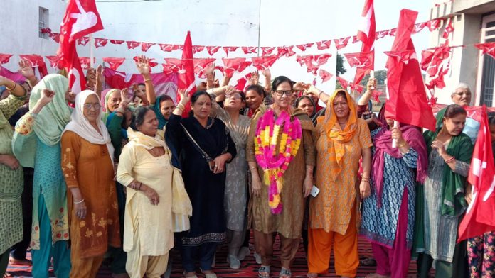 NC leader Bimla Luthra during meeting with party workers in Jammu on Saturday.