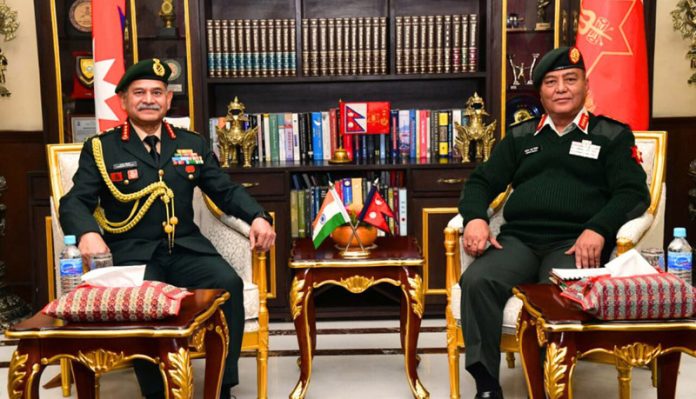 Chief of the Army Staff General Upendra Dwivedi meeting with Chief of the Army Staff of Nepal General Ashok Raj Sigdel in Kathmandu on Thursday. UNI