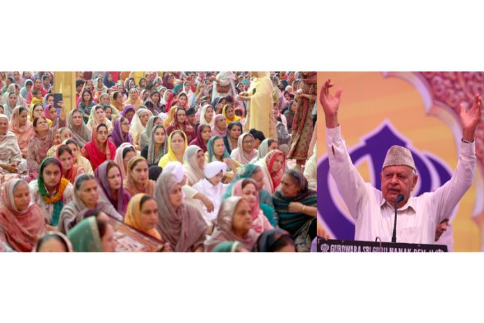 NC president Dr Farooq Abdullah addressing a religious function of Sikhs in Jammu on Friday. — Excelsior/Rakesh