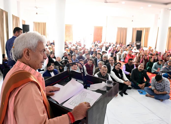 LG Manoj Sinha addressing ‘Satsang Samagam’ at Bishnah on Sunday.