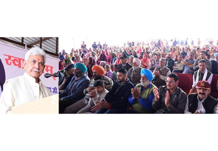 LG Manoj Sinha addressing the gathering at Pouni, Reasi on Friday.