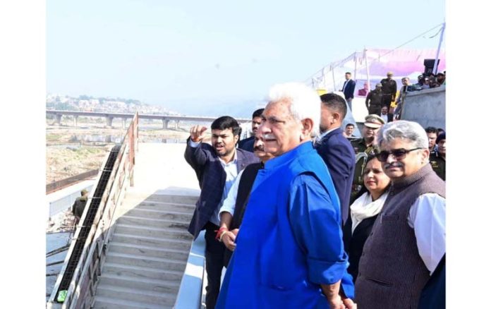 LG Manoj Sinha inspecting Tawi Riverfront project in Jammu on Monday.